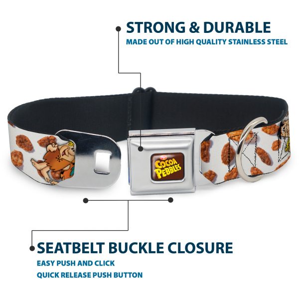 POST COCOA PEBBLES Logo Full Color Brown Yellows Seatbelt Buckle Collar - Cocoa Pebbles Fred Flintstone and Barney Rubble Hugging Pose and Cereal Pebbles Scattered White Browns Discount - Image 4