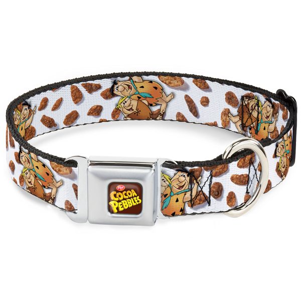 POST COCOA PEBBLES Logo Full Color Brown Yellows Seatbelt Buckle Collar - Cocoa Pebbles Fred Flintstone and Barney Rubble Hugging Pose and Cereal Pebbles Scattered White Browns Discount
