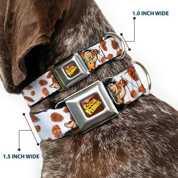 POST COCOA PEBBLES Logo Full Color Brown Yellows Seatbelt Buckle Collar - Cocoa Pebbles Fred Flintstone and Barney Rubble Hugging Pose and Cereal Pebbles Scattered White Browns Discount - Image 2