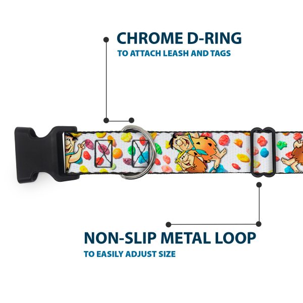 Plastic Clip Collar - Fruity Pebbles Fred Flintstone and Barney Rubble Hugging Pose and Cereal Pebbles Scattered White Multi Color For Discount - Image 5