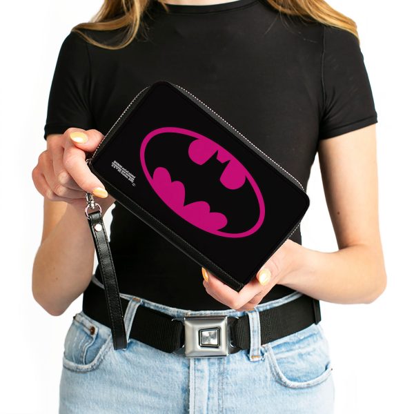 Women s PU Zip Around Wallet Rectangle - Batman Bat Logo Black Fuchsia For Sale - Image 4