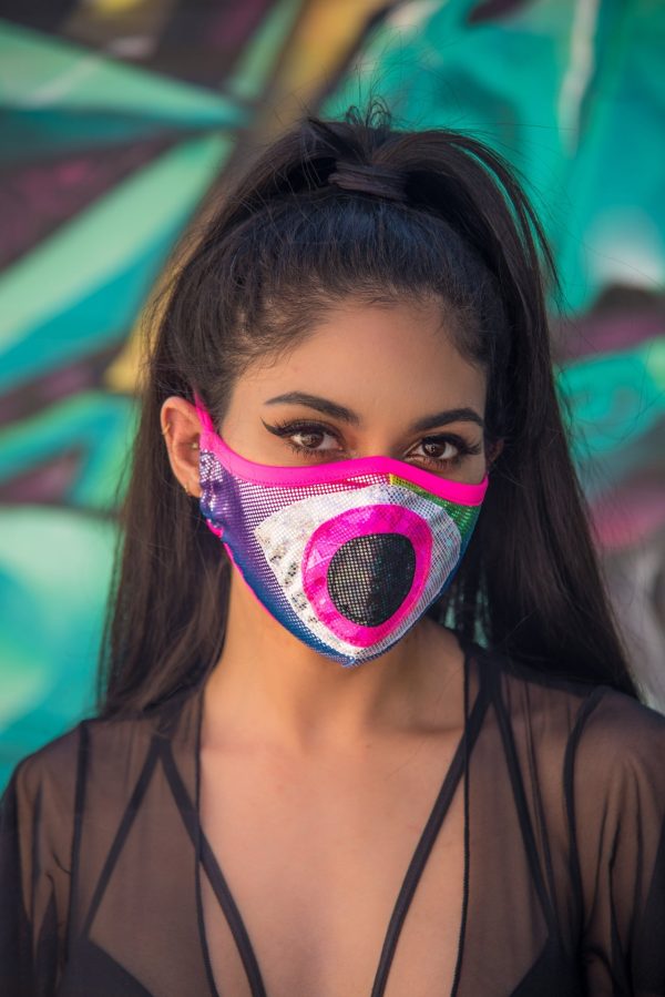 J. Valentine Rainbow Hot Pink Tailored Face Mask- Festival Rave Accessory on Sale